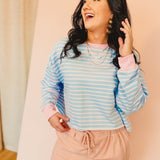 Striped French Terry Long Sleeve Cropped Top - Blue/Pink