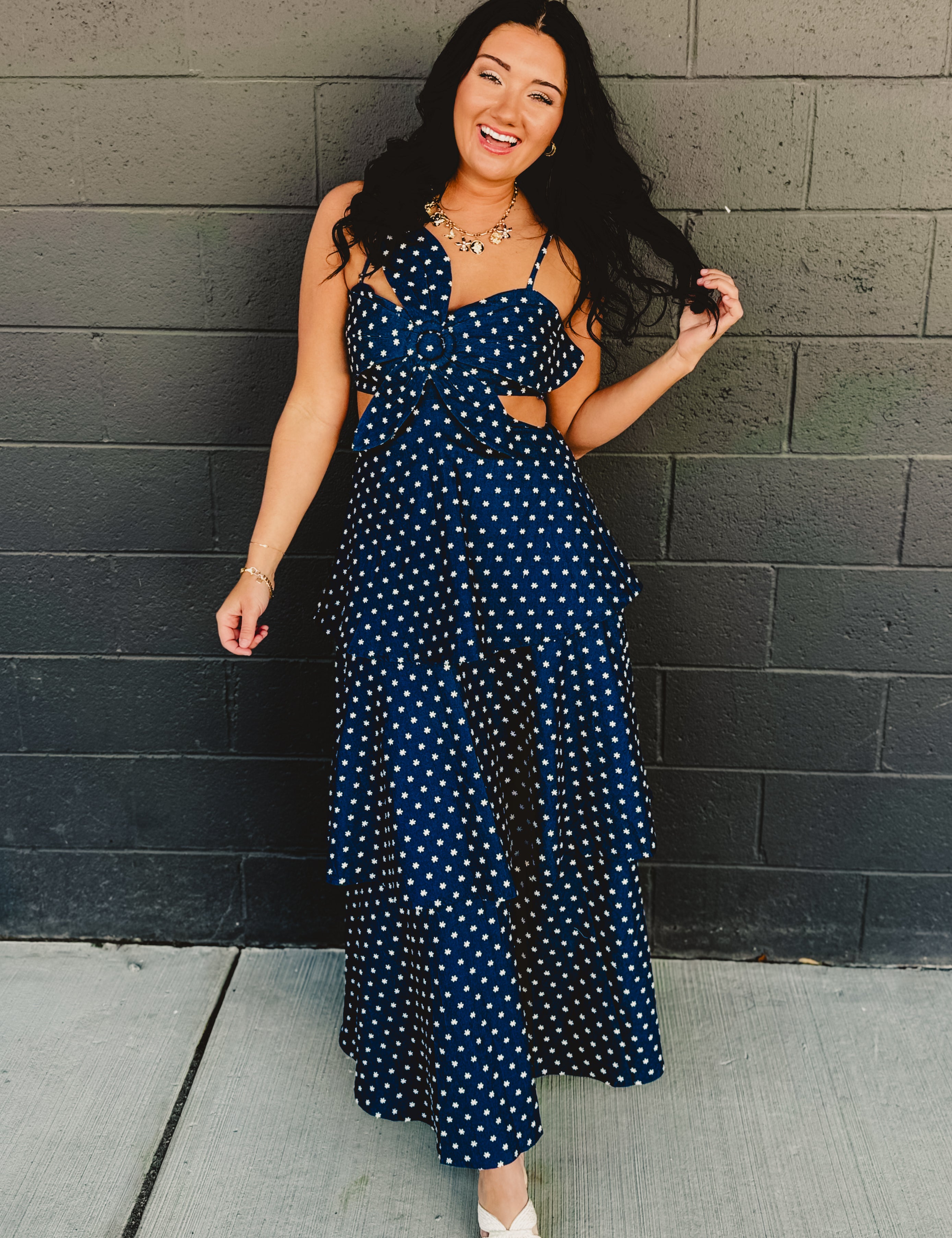 Denim Floral Embroidered Tiered Flare Maxi Dress - Lace and Grace Boutique