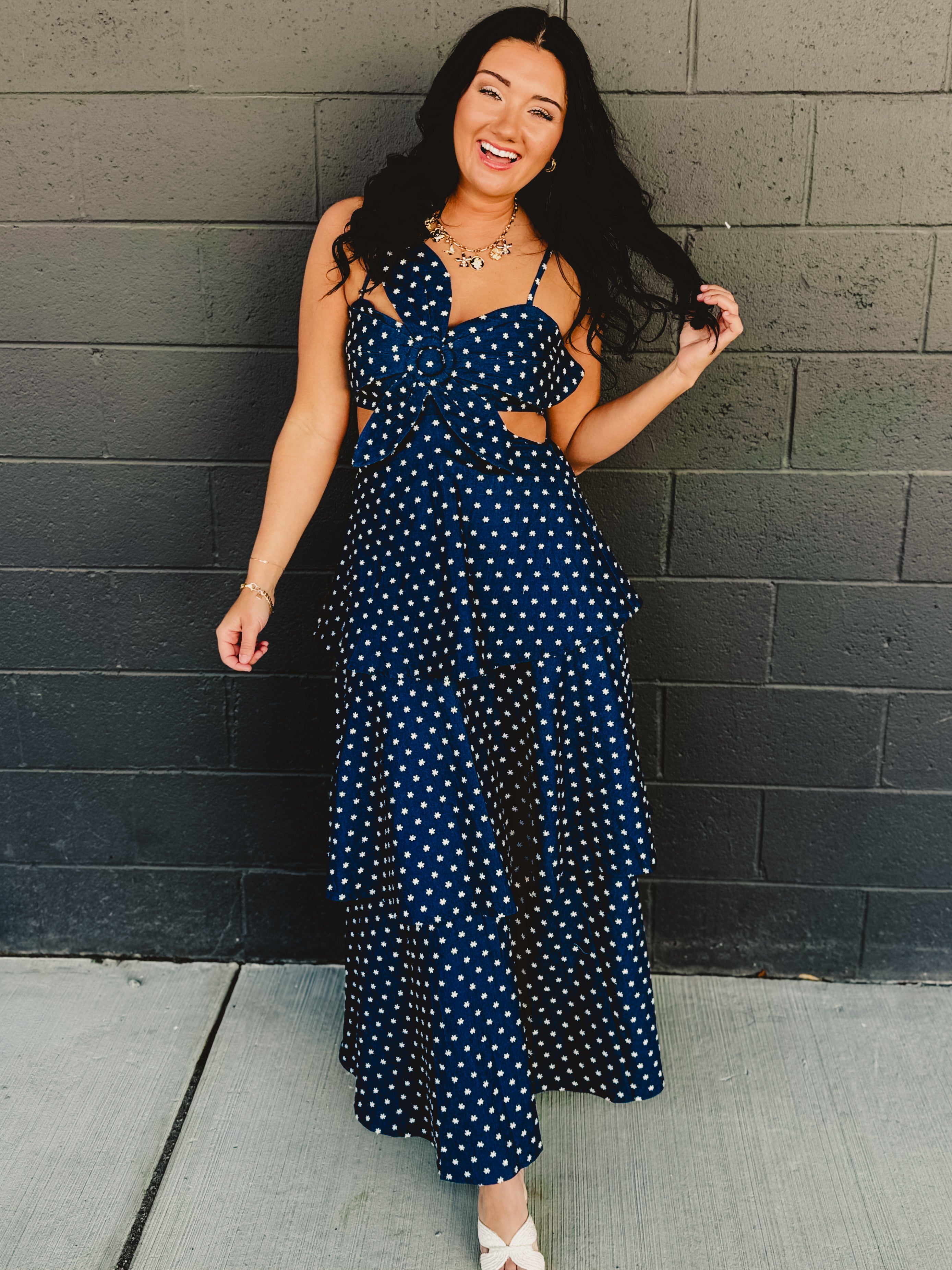 Denim Floral Embroidered Tiered Flare Maxi Dress - Lace and Grace Boutique