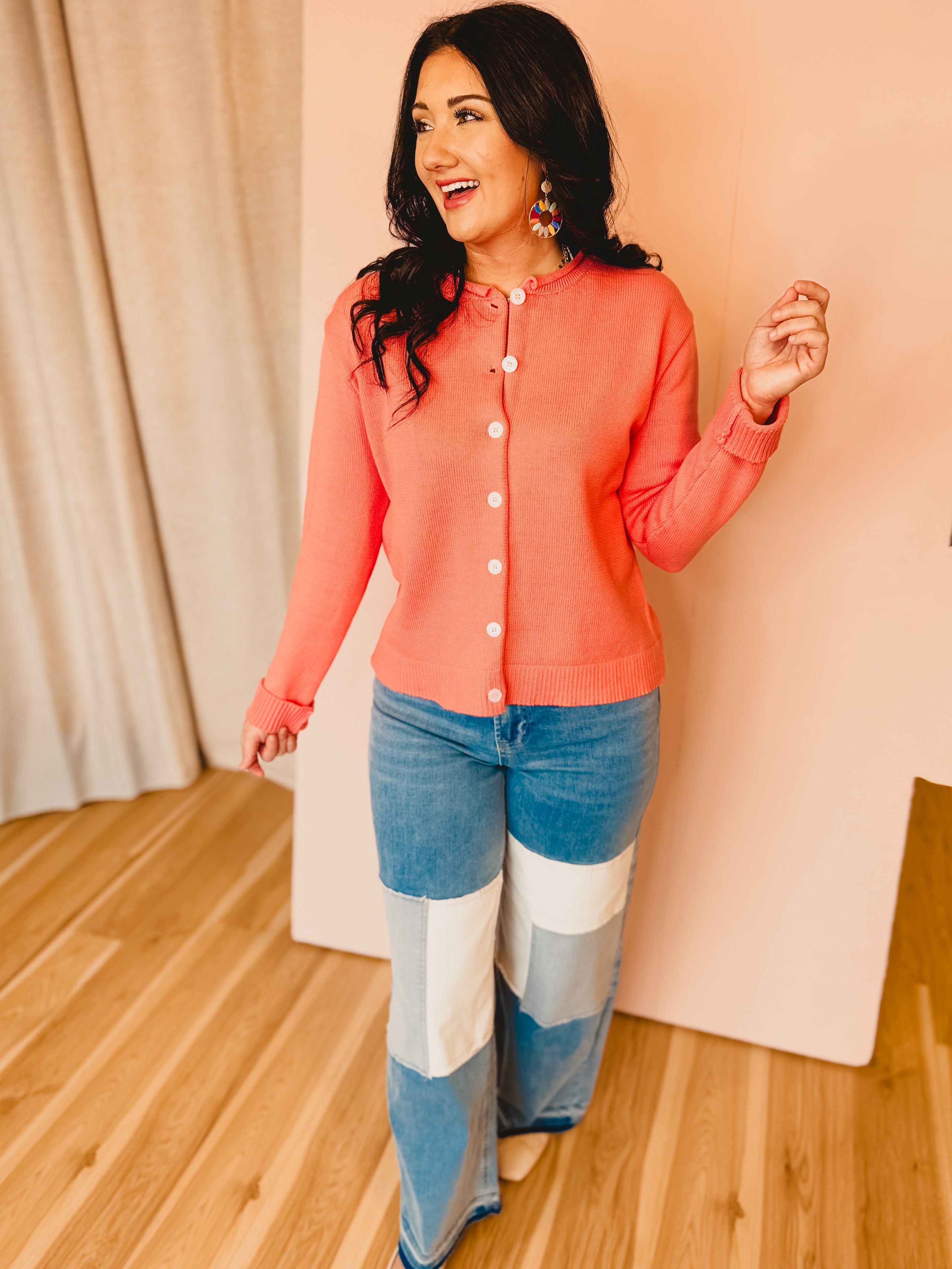 Raw Edge Neckline Button-Up Cardigan - Sunkist - Lace and Grace Boutique