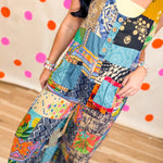 POL V-Neck Patchwork Overalls - Sage Multi - Lace and Grace Boutique