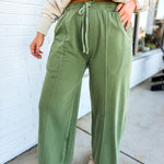 Pigment Wash French Terry Wide Leg Pants - Light Olive - Lace and Grace Boutique