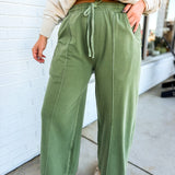 Pigment Wash French Terry Wide Leg Pants - Light Olive - Lace and Grace Boutique