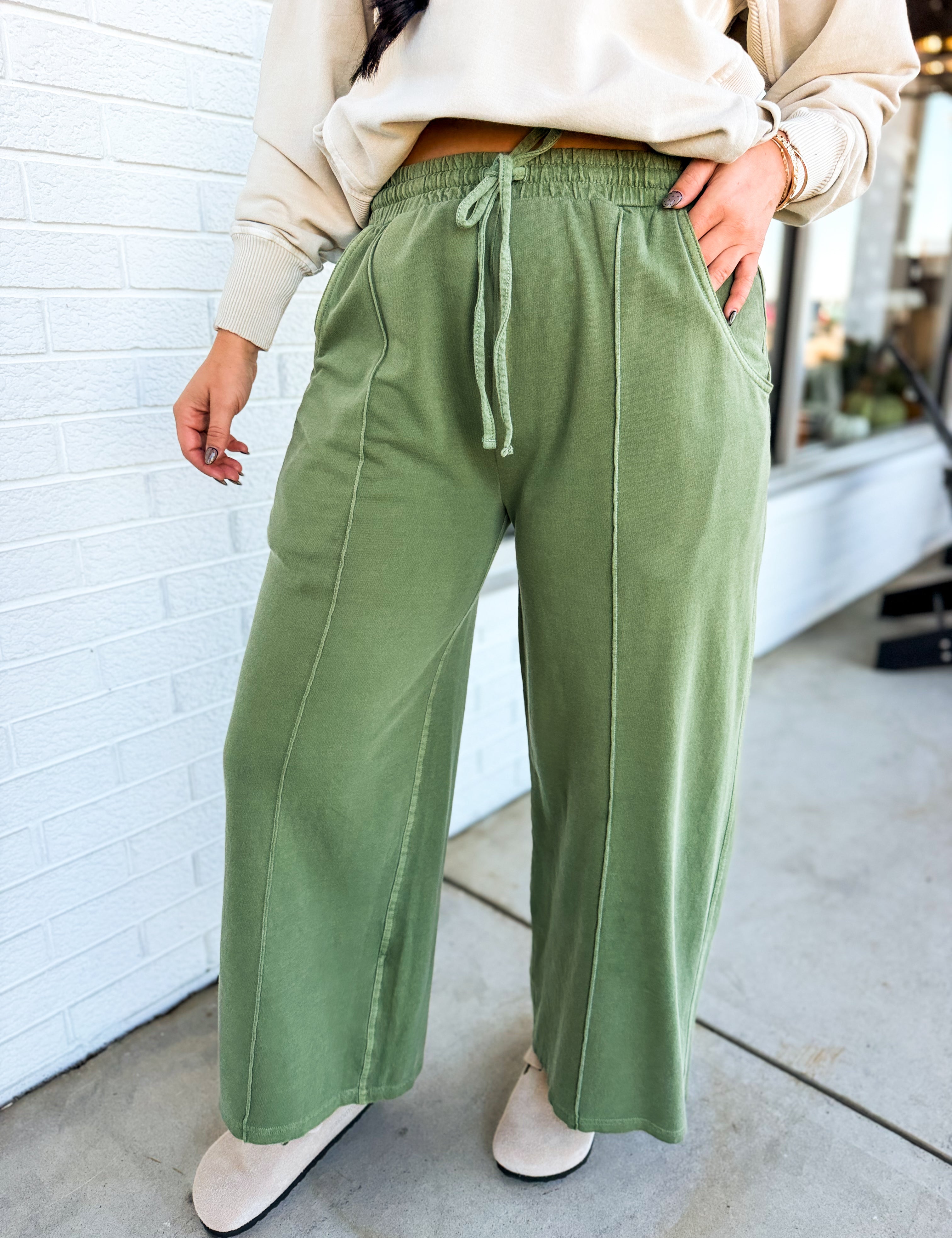 Pigment Wash French Terry Wide Leg Pants - Light Olive - Lace and Grace Boutique