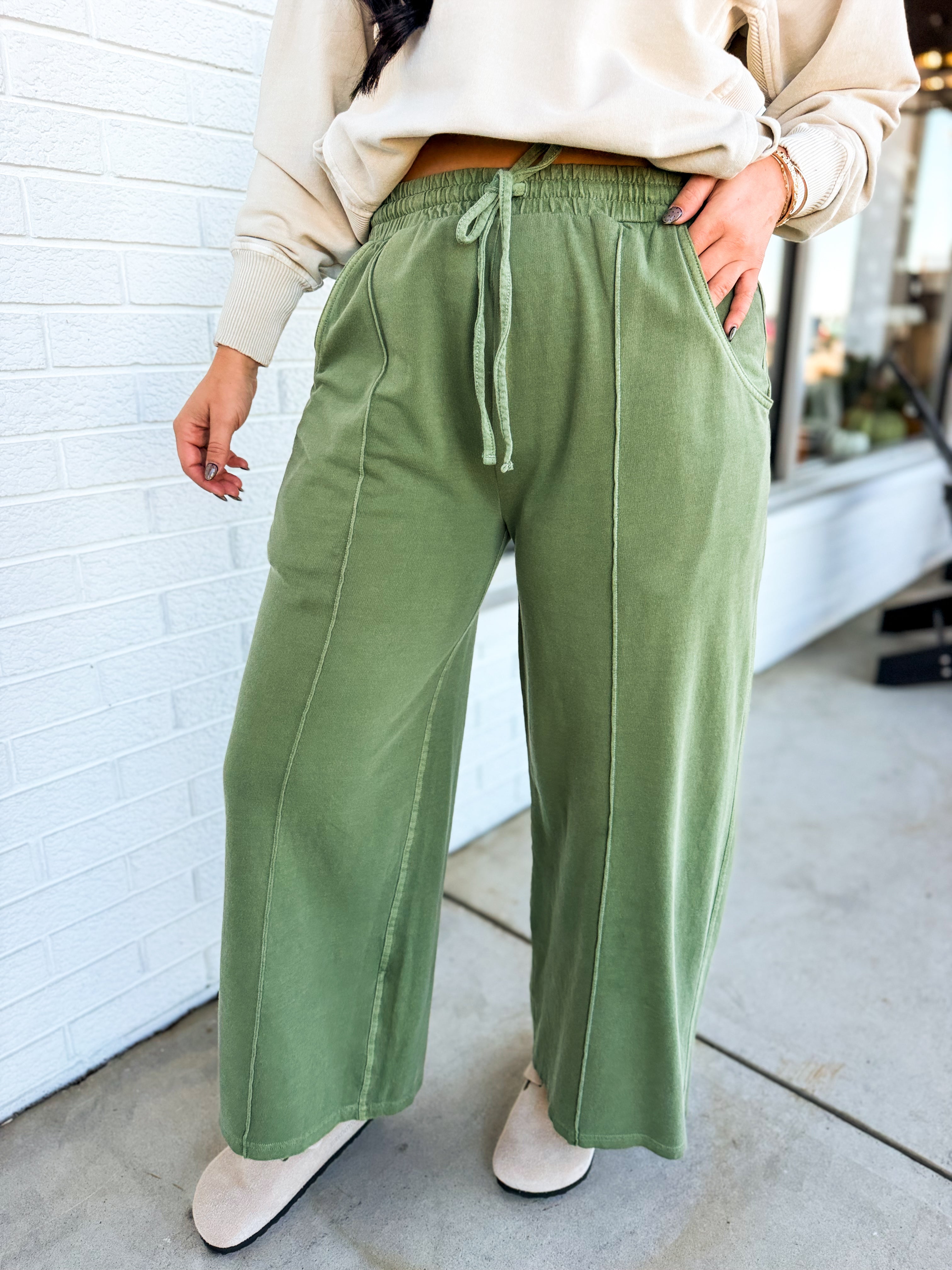 Pigment Wash French Terry Wide Leg Pants - Light Olive - Lace and Grace Boutique