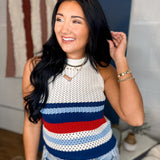 Striped Open Stitch Knit Tank Top - Red/White/Blue - Lace and Grace Boutique