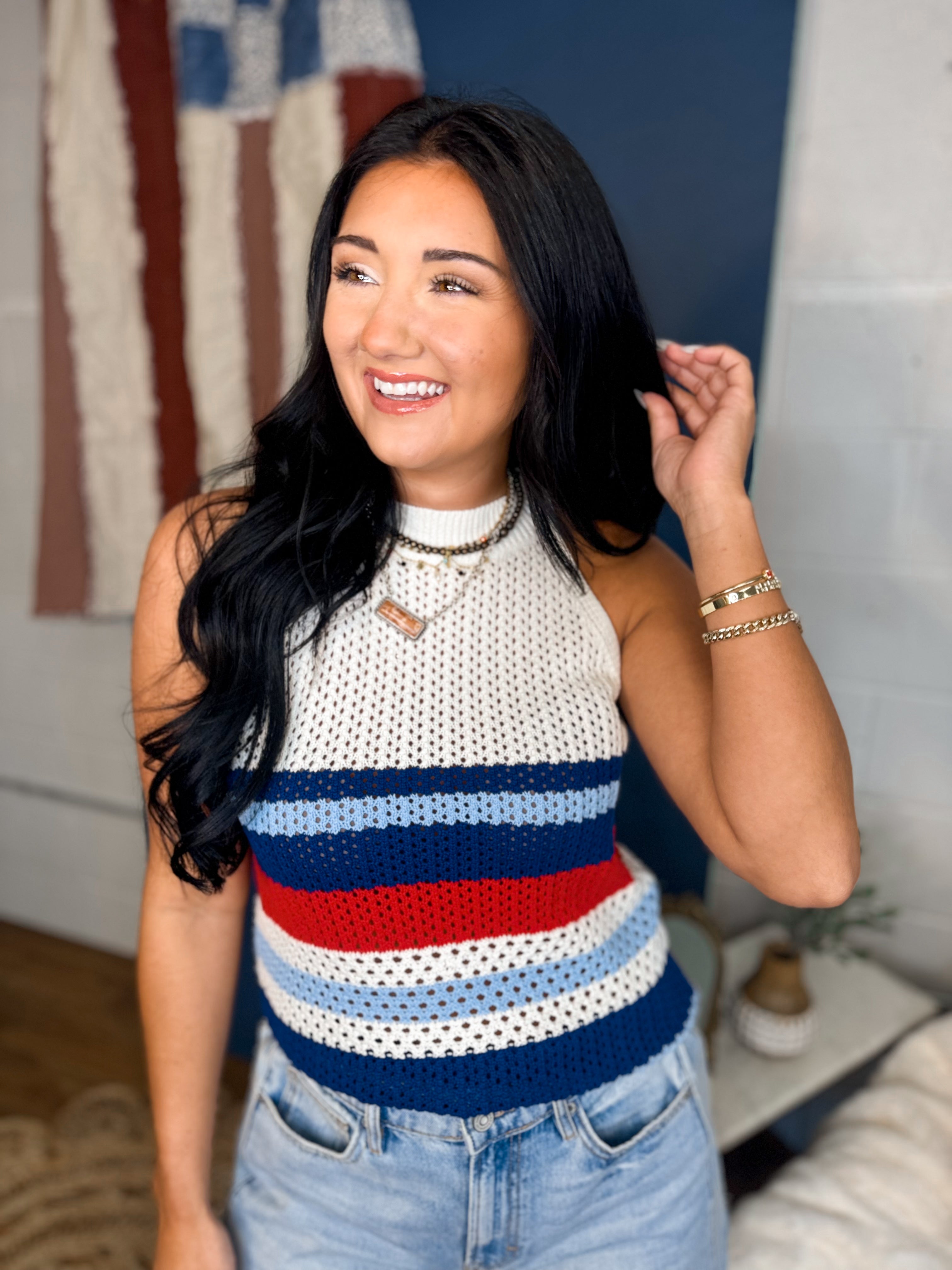 Striped Open Stitch Knit Tank Top - Red/White/Blue - Lace and Grace Boutique