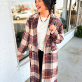 Multi Plaid Printed Button Detail Long Coat - Ginger Combo