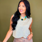Round Neck Slub Muscle Tank Top - Sage