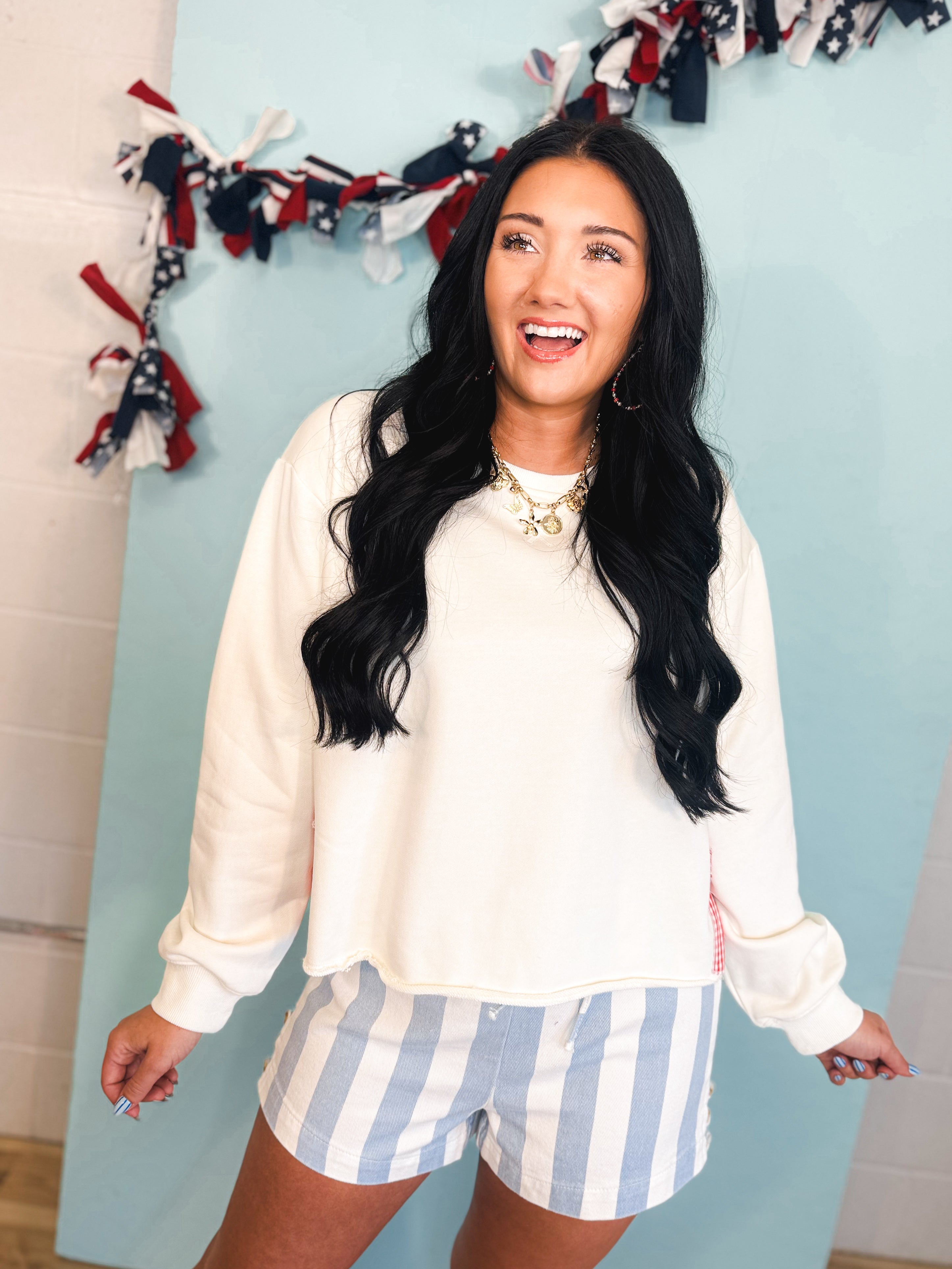 Gingham Bow Side Slit Pullover Top - Off White/Red - Lace and Grace Boutique