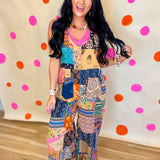 POL V-Neck Patchwork Overalls - Almond Multi