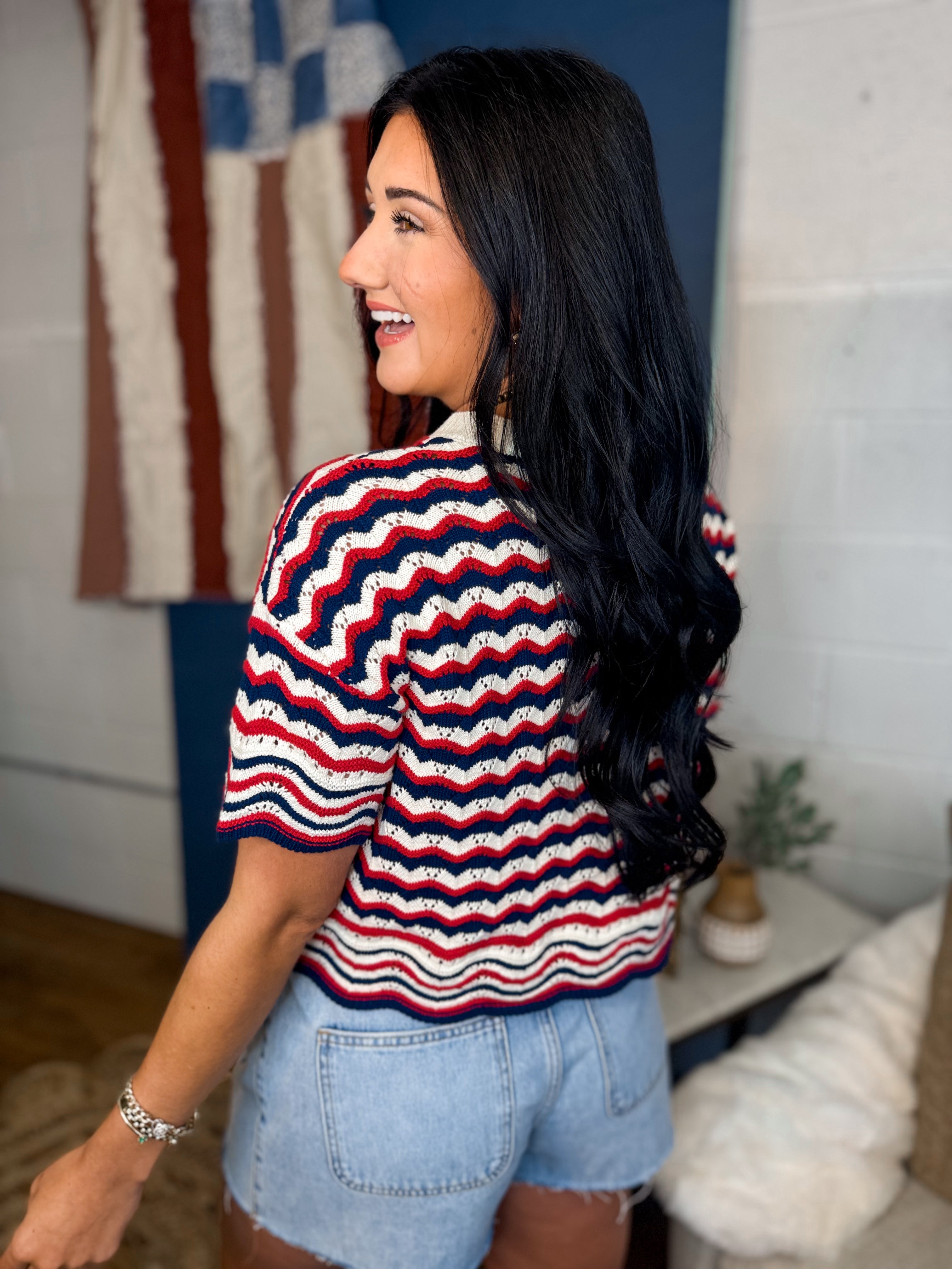 Multi Striped Open-Knit Sweater Top - Red/Navy - Lace and Grace Boutique