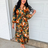 Smocked Floral Printed Long Sleeve Midi Dress - Green Multi