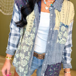 Oli & Hali Washed Patchwork Button Up Top - Navy - Lace and Grace Boutique