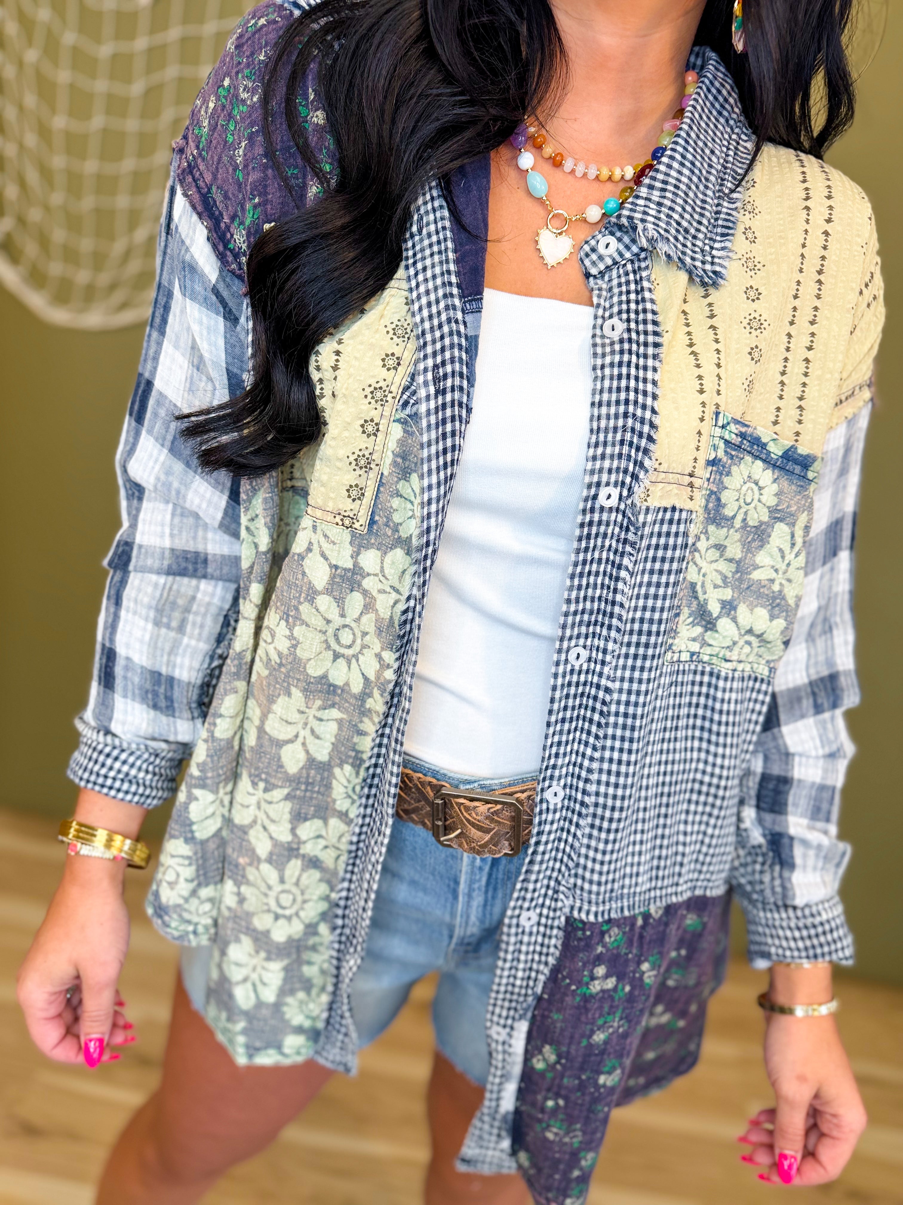 Oli & Hali Washed Patchwork Button Up Top - Navy - Lace and Grace Boutique