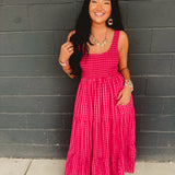 Gingham Smocked Bodice Tiered Maxi Dress - Fuchsia Multi - Lace and Grace Boutique