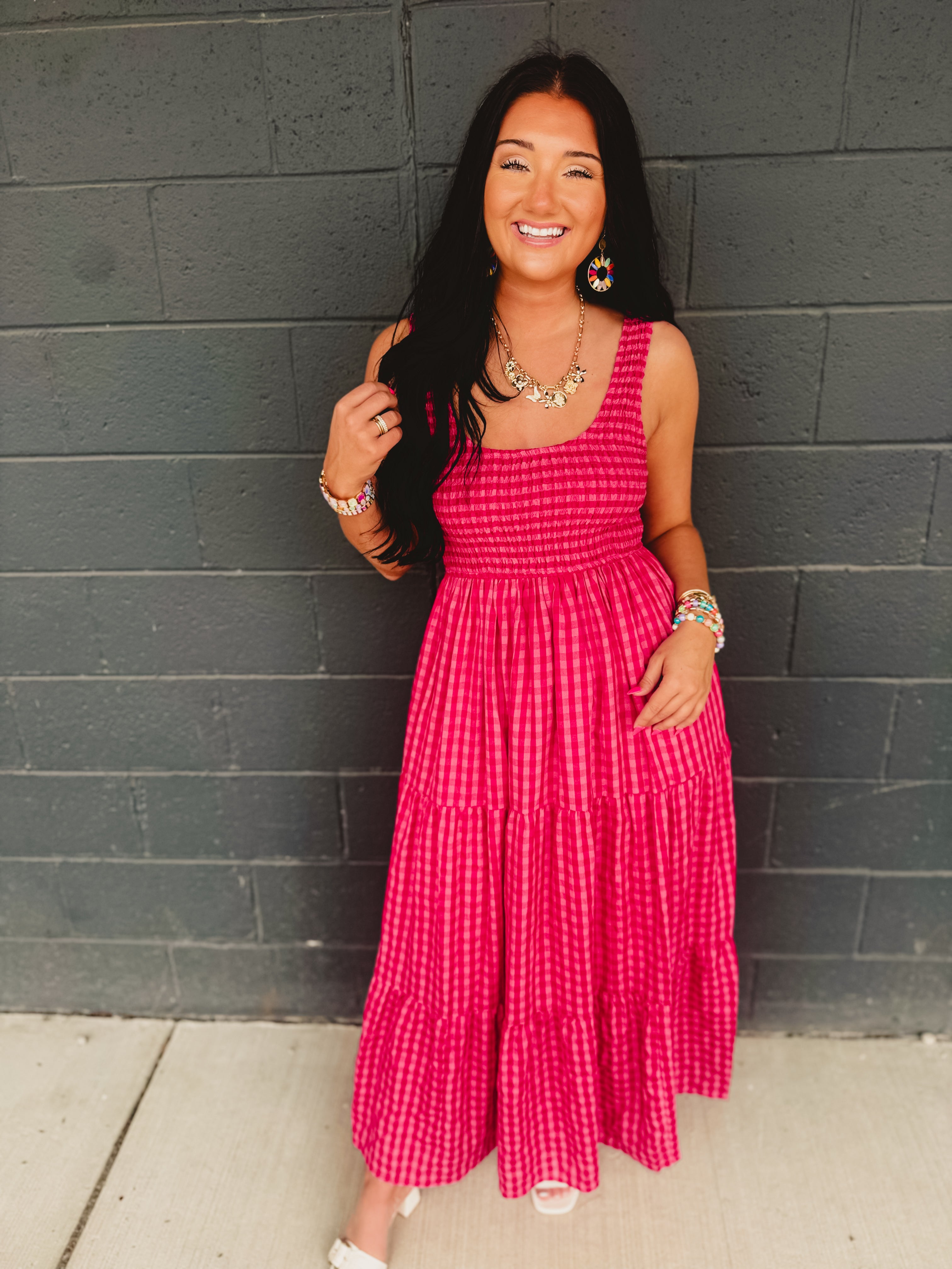 Gingham Smocked Bodice Tiered Maxi Dress - Fuchsia Multi - Lace and Grace Boutique