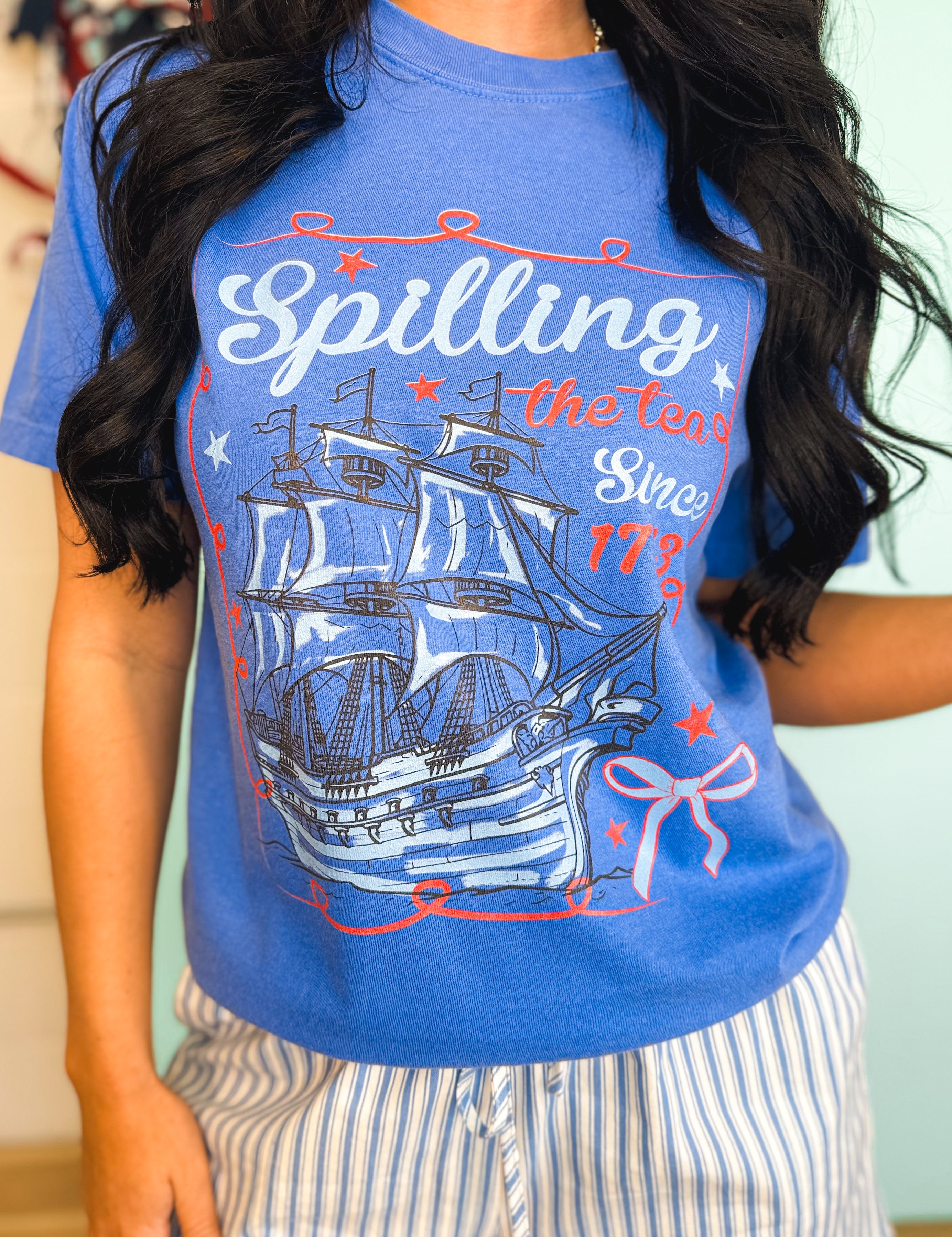 Spilling The Tea Graphic Tee - Flo Blue - Lace and Grace Boutique
