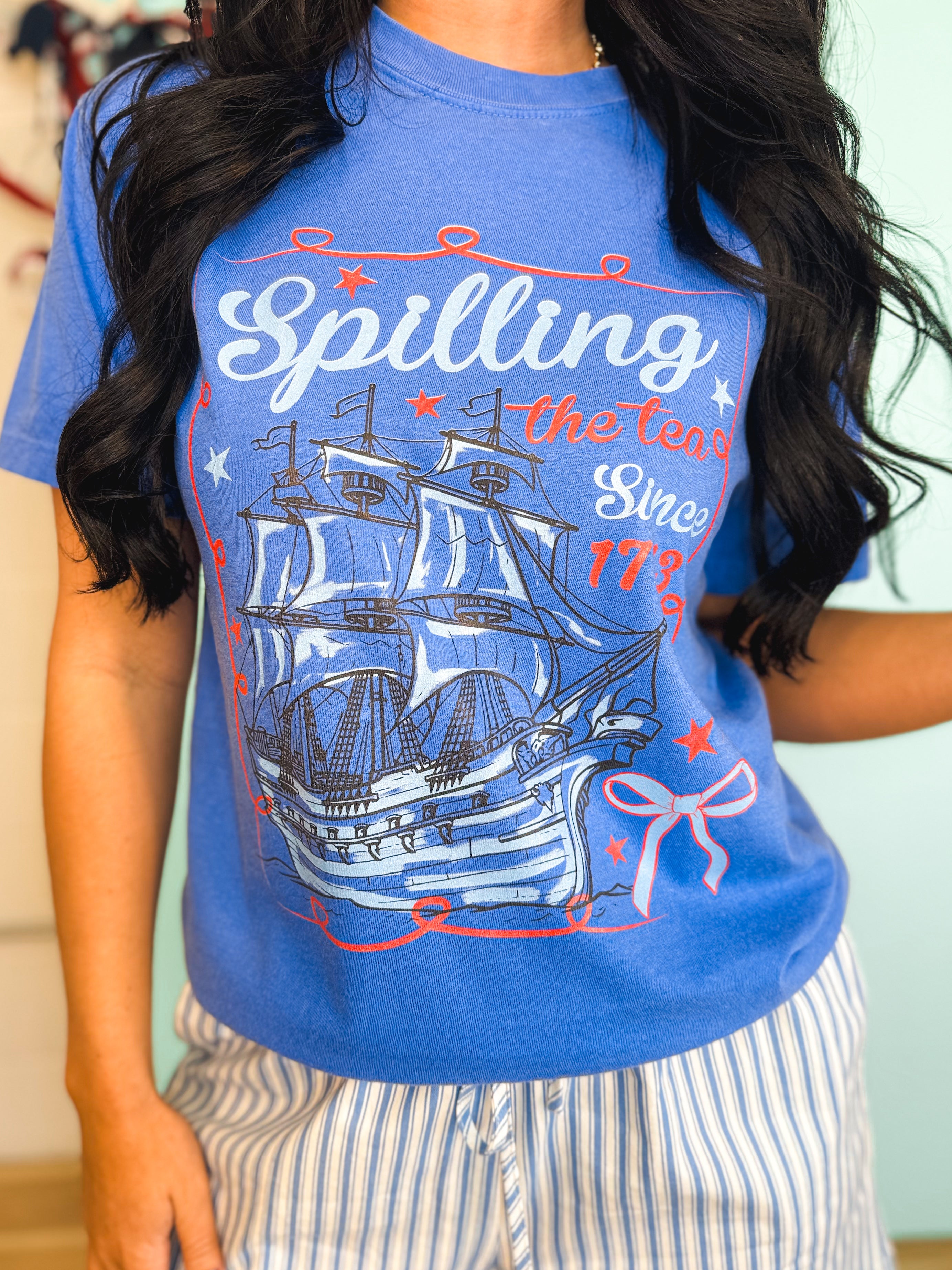 Spilling The Tea Graphic Tee - Flo Blue - Lace and Grace Boutique