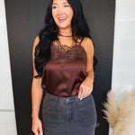 Lace Trim Satin Camisole Tank Top - Brown - Lace and Grace Boutique
