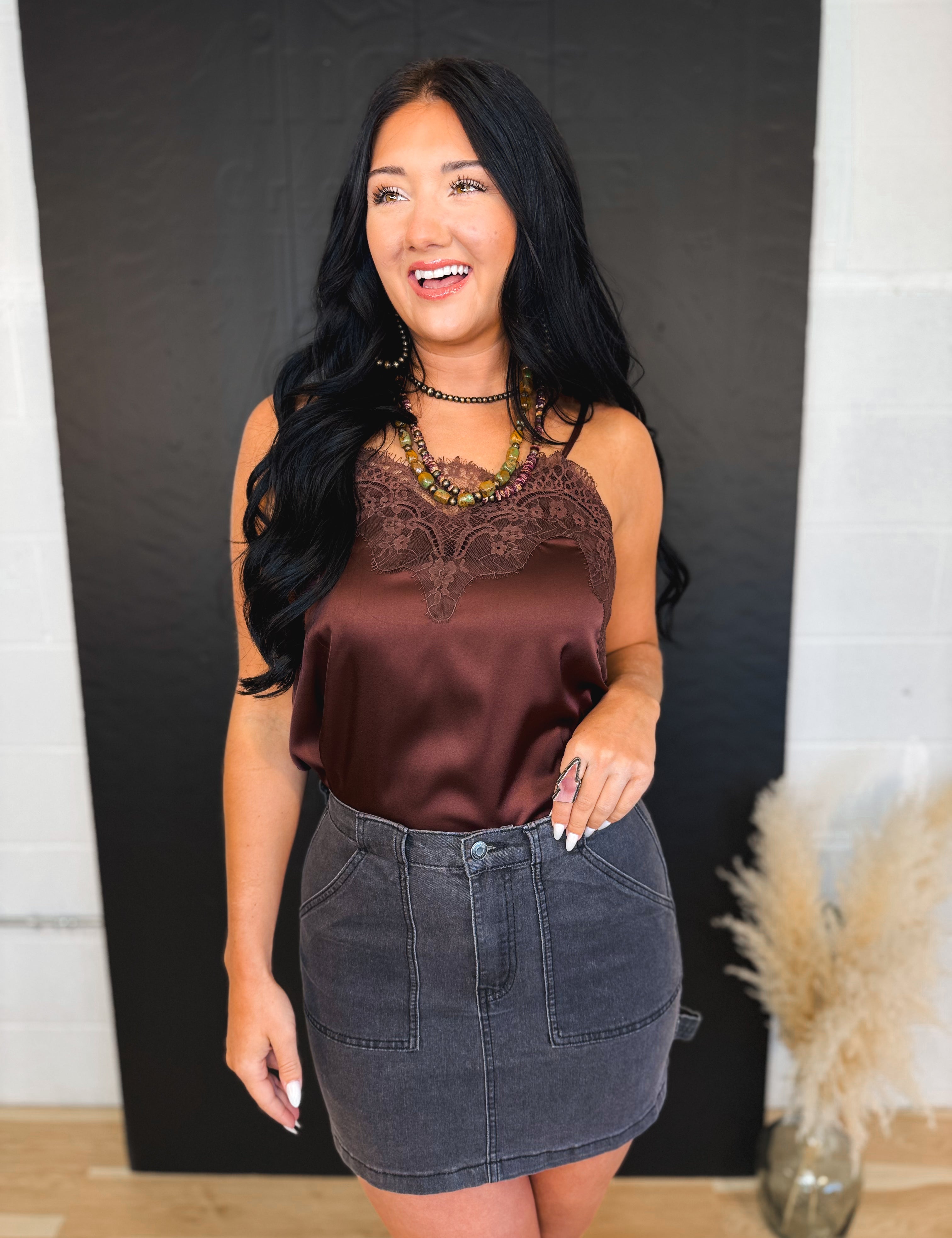 Lace Trim Satin Camisole Tank Top - Brown - Lace and Grace Boutique
