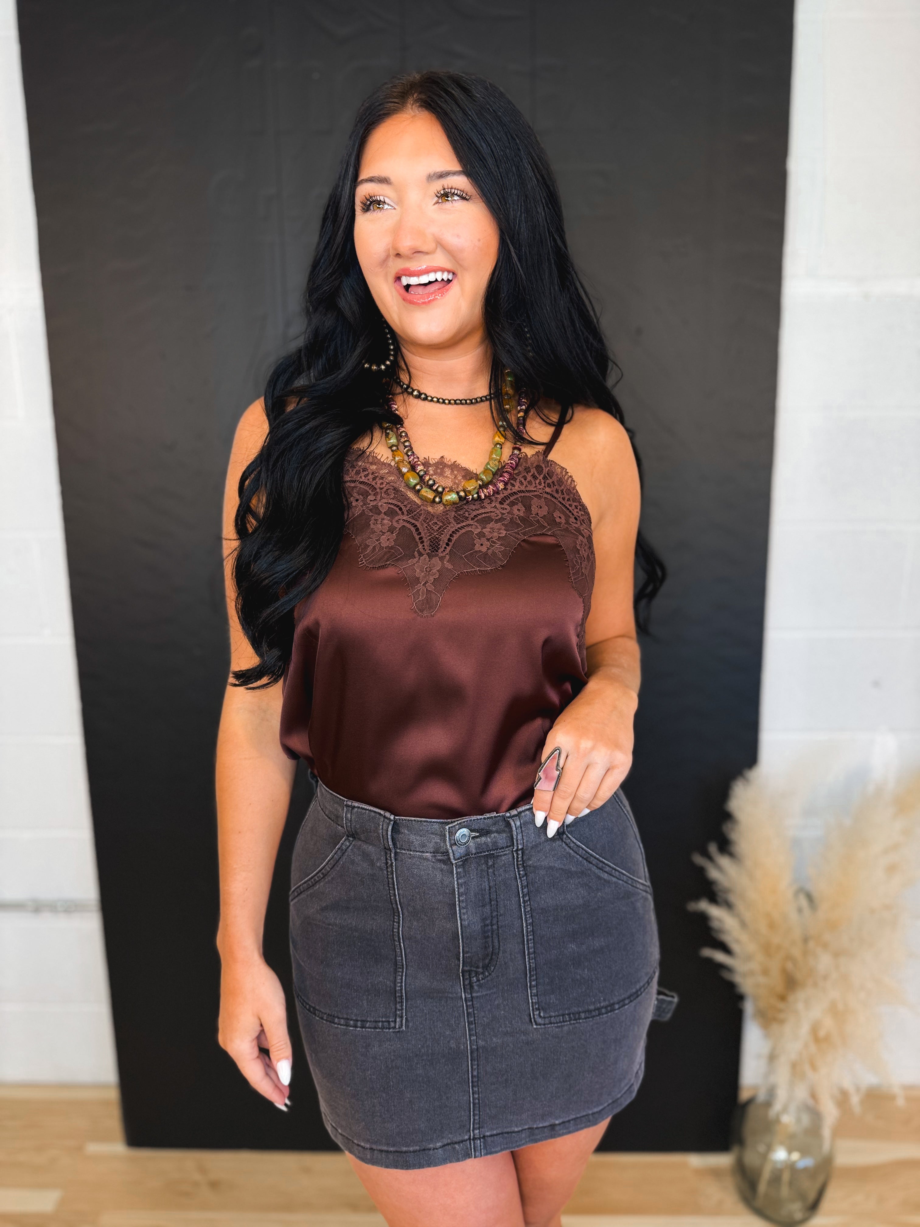 Lace Trim Satin Camisole Tank Top - Brown - Lace and Grace Boutique