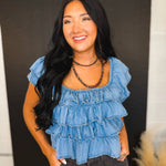Tiered Flutter Sleeve Chambray Denim Top - Lace and Grace Boutique