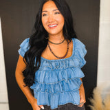 Tiered Flutter Sleeve Chambray Denim Top - Lace and Grace Boutique