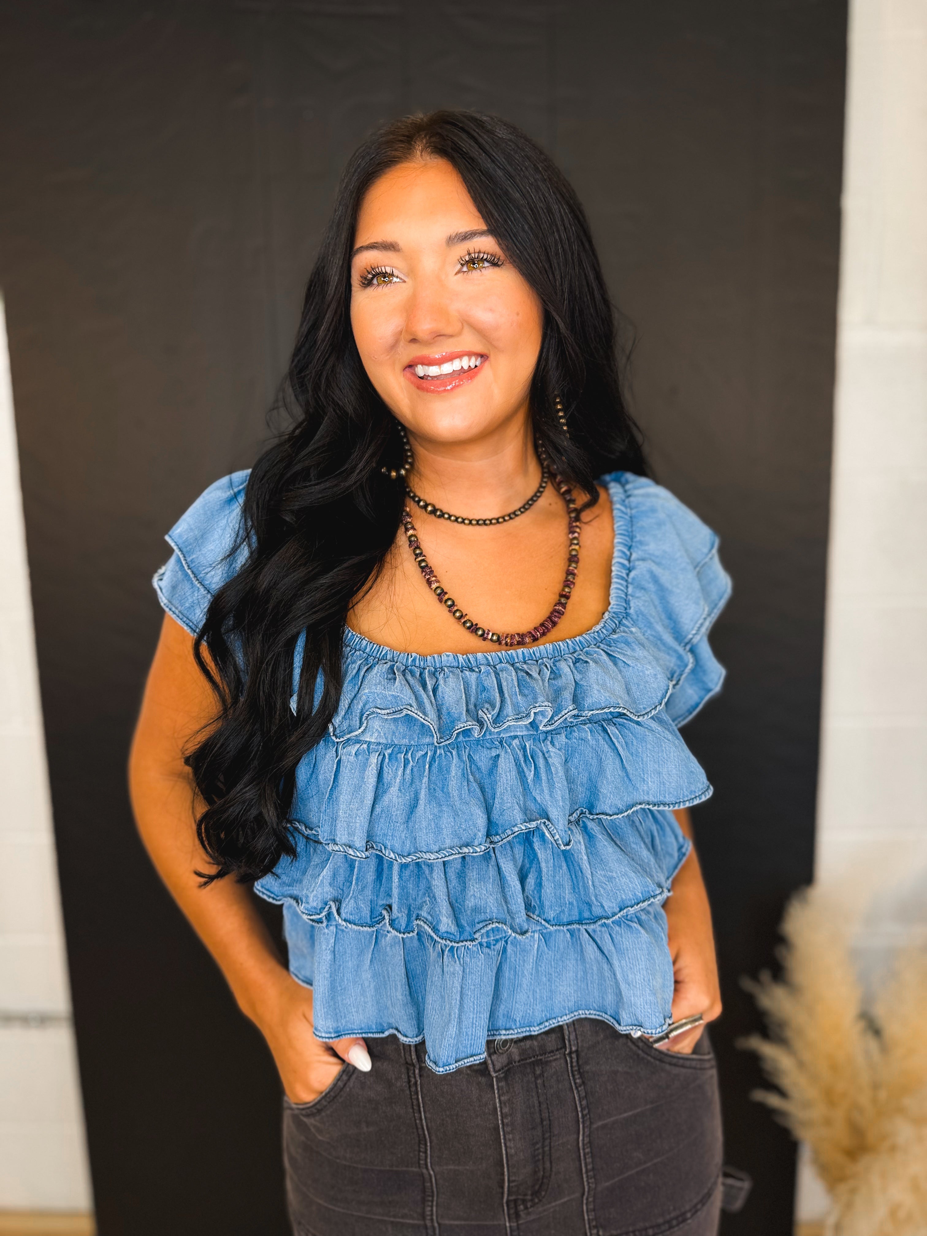 Tiered Flutter Sleeve Chambray Denim Top - Lace and Grace Boutique