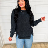 Acid Wash Ribbed Pullover Top - Black