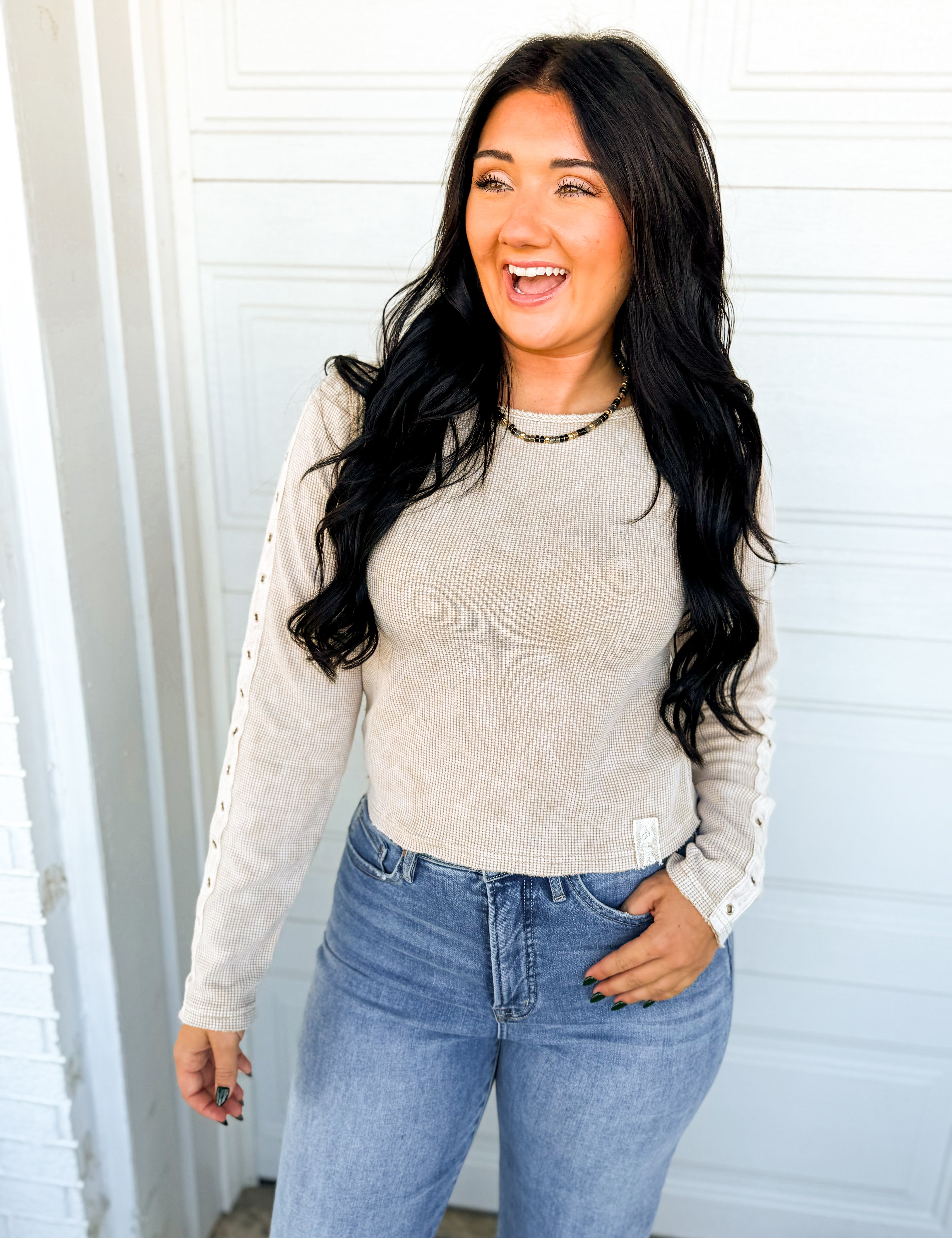 POL Washed Thermal Knit Button Detail Top - Sand - Lace and Grace Boutique