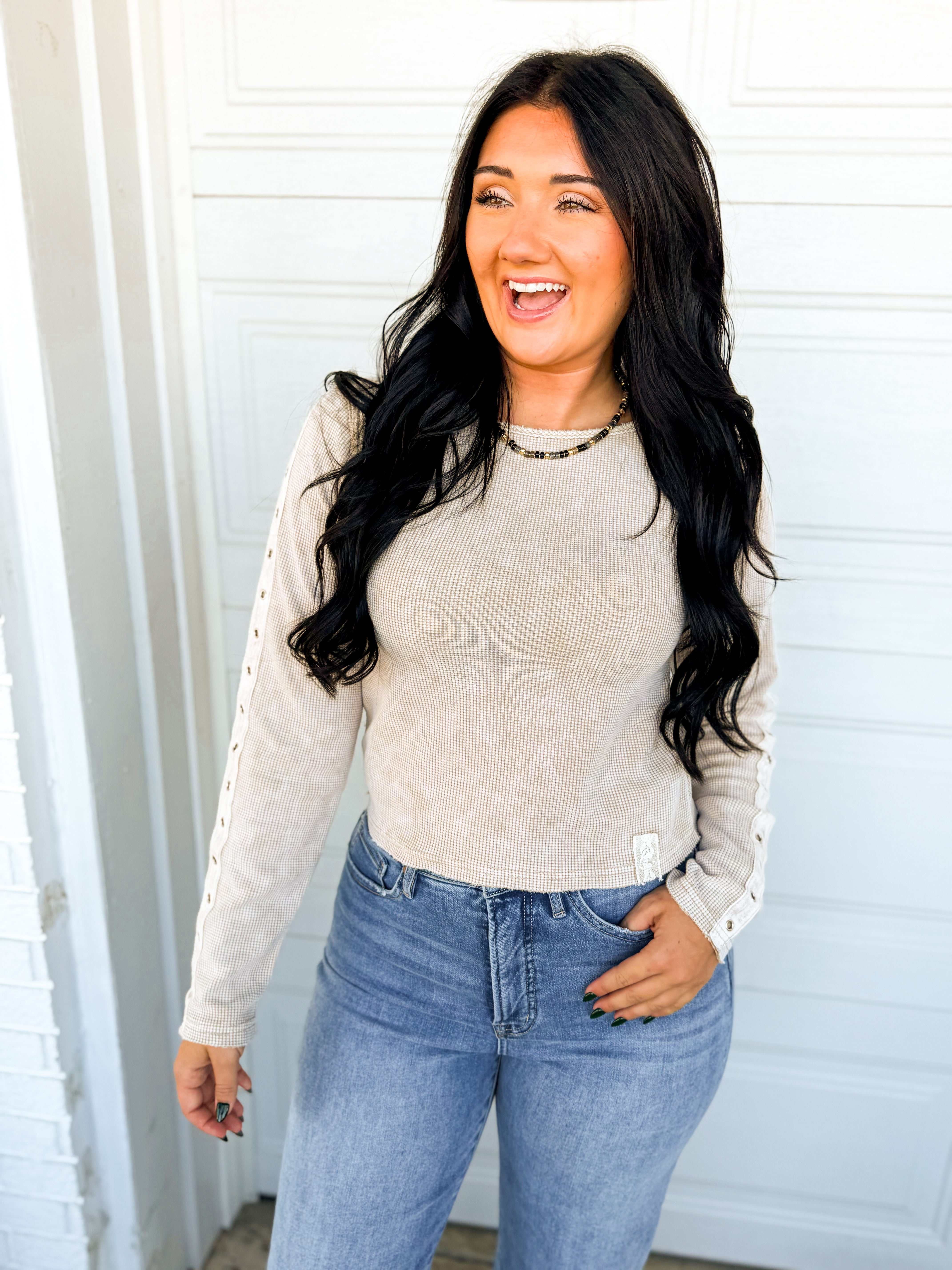 POL Washed Thermal Knit Button Detail Top - Sand - Lace and Grace Boutique