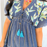 POL Floral Embroidered Chambray Maxi Dress — Denim Blue