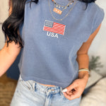 USA Embroidered Muscle Tee - Washed Navy - Lace and Grace Boutique