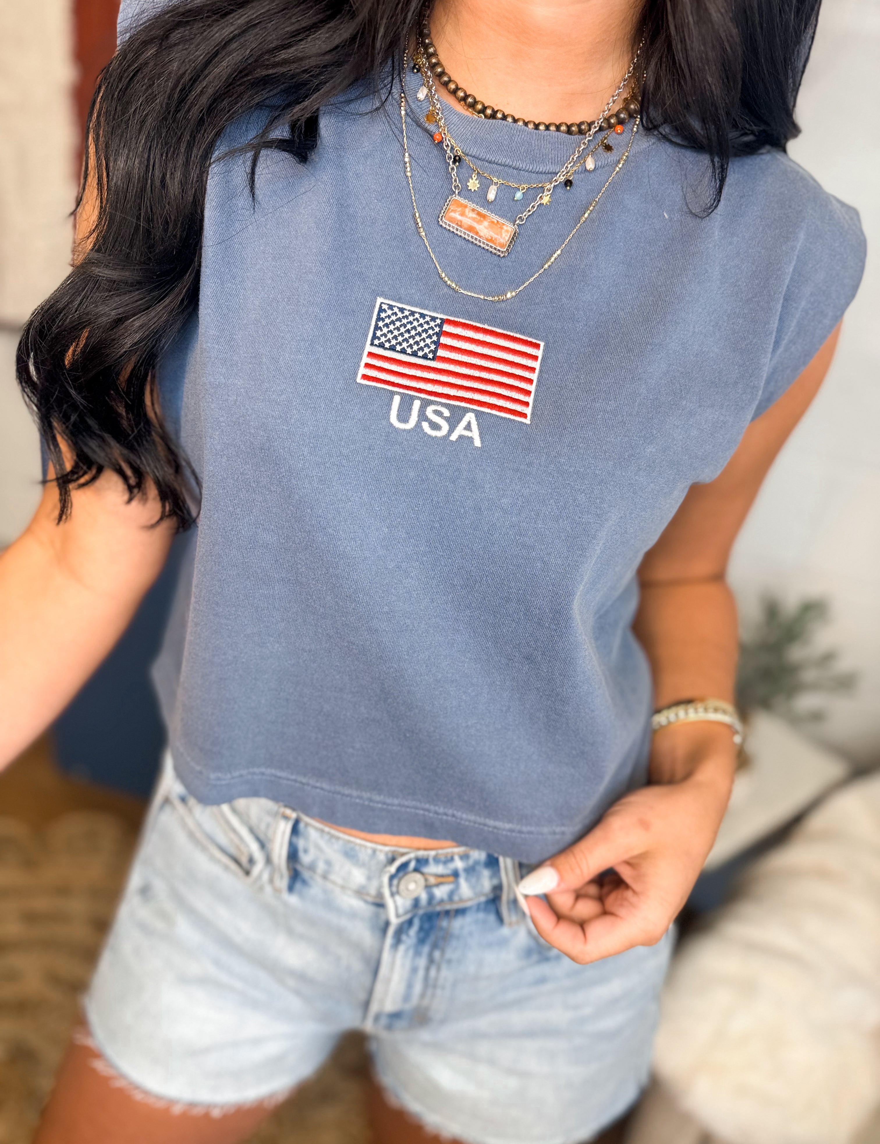 USA Embroidered Muscle Tee - Washed Navy - Lace and Grace Boutique