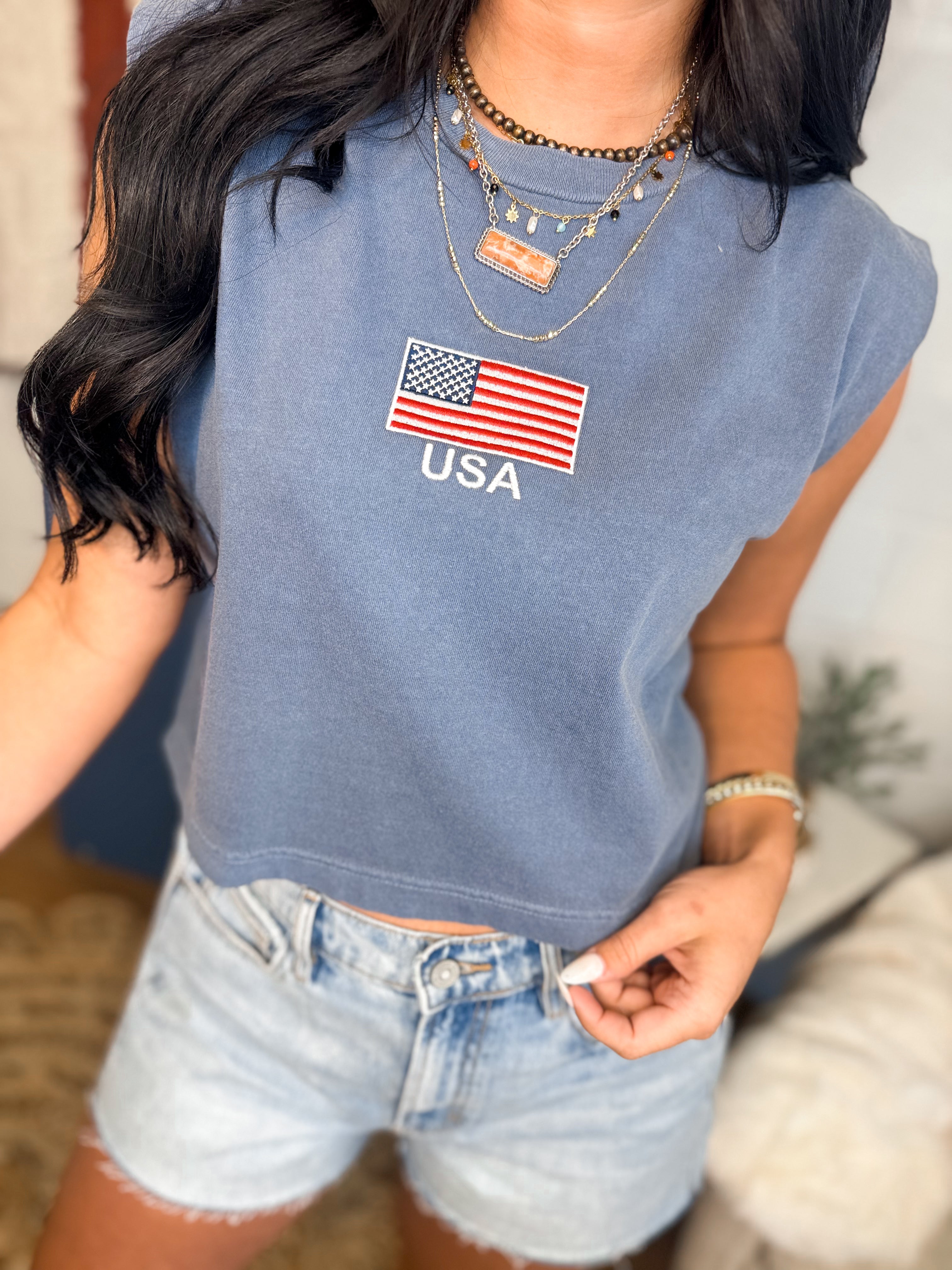 USA Embroidered Muscle Tee - Washed Navy - Lace and Grace Boutique