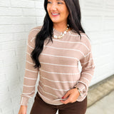 Striped Long Sleeve Soft Knit Top - Mocha/White