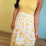 Strap Tied Smocked Mixed Print Midi Dress - Yellow Bell Mix - Lace and Grace Boutique
