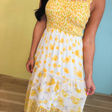 Strap Tied Smocked Mixed Print Midi Dress - Yellow Bell Mix - Lace and Grace Boutique