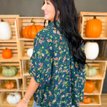 Oversized Floral Print Button Up Blouse - Deep Olive - Lace and Grace Boutique