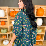 Oversized Floral Print Button Up Blouse - Deep Olive - Lace and Grace Boutique