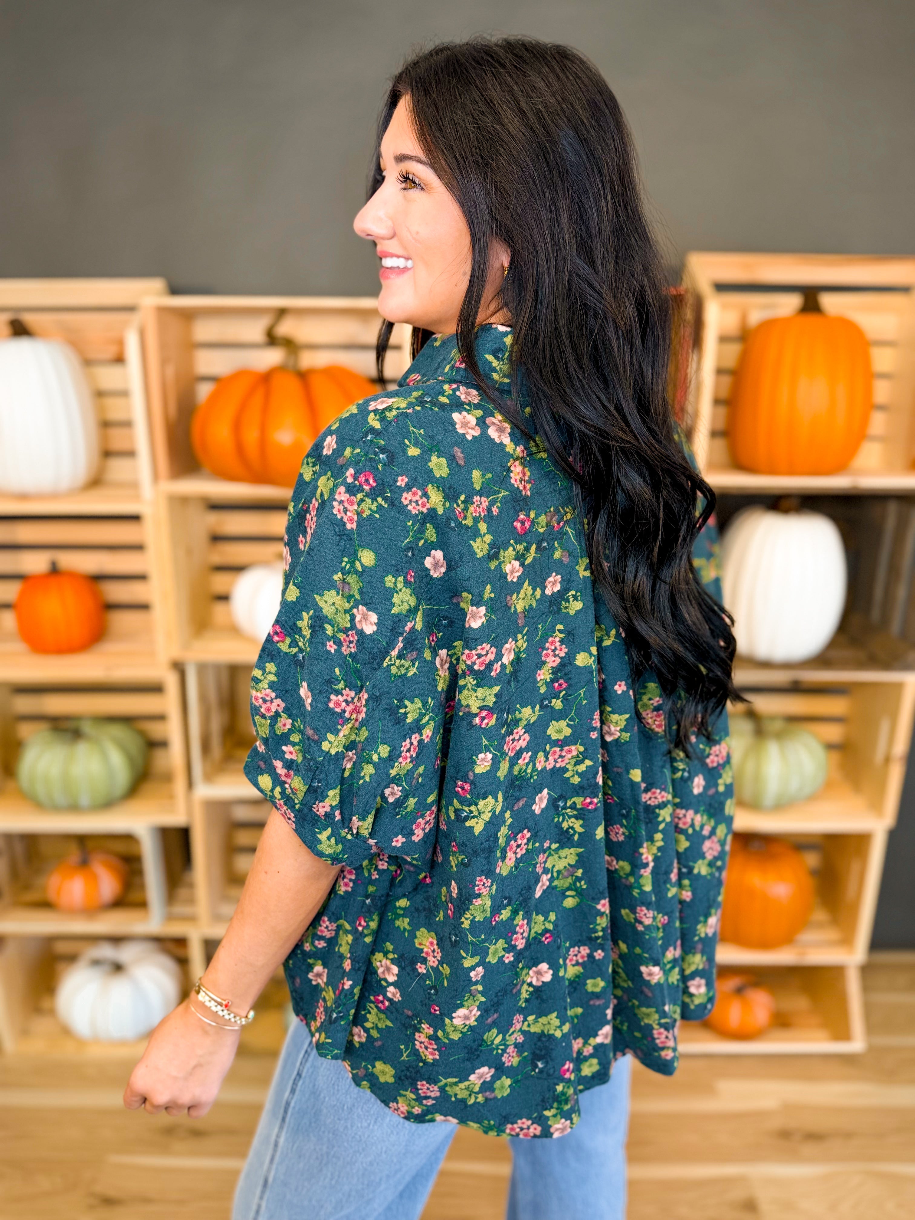 Oversized Floral Print Button Up Blouse - Deep Olive - Lace and Grace Boutique