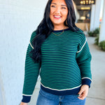 Striped Contrast Trim Knit Sweater - Navy/Green - Lace and Grace Boutique