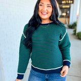 Striped Contrast Trim Knit Sweater - Navy/Green - Lace and Grace Boutique
