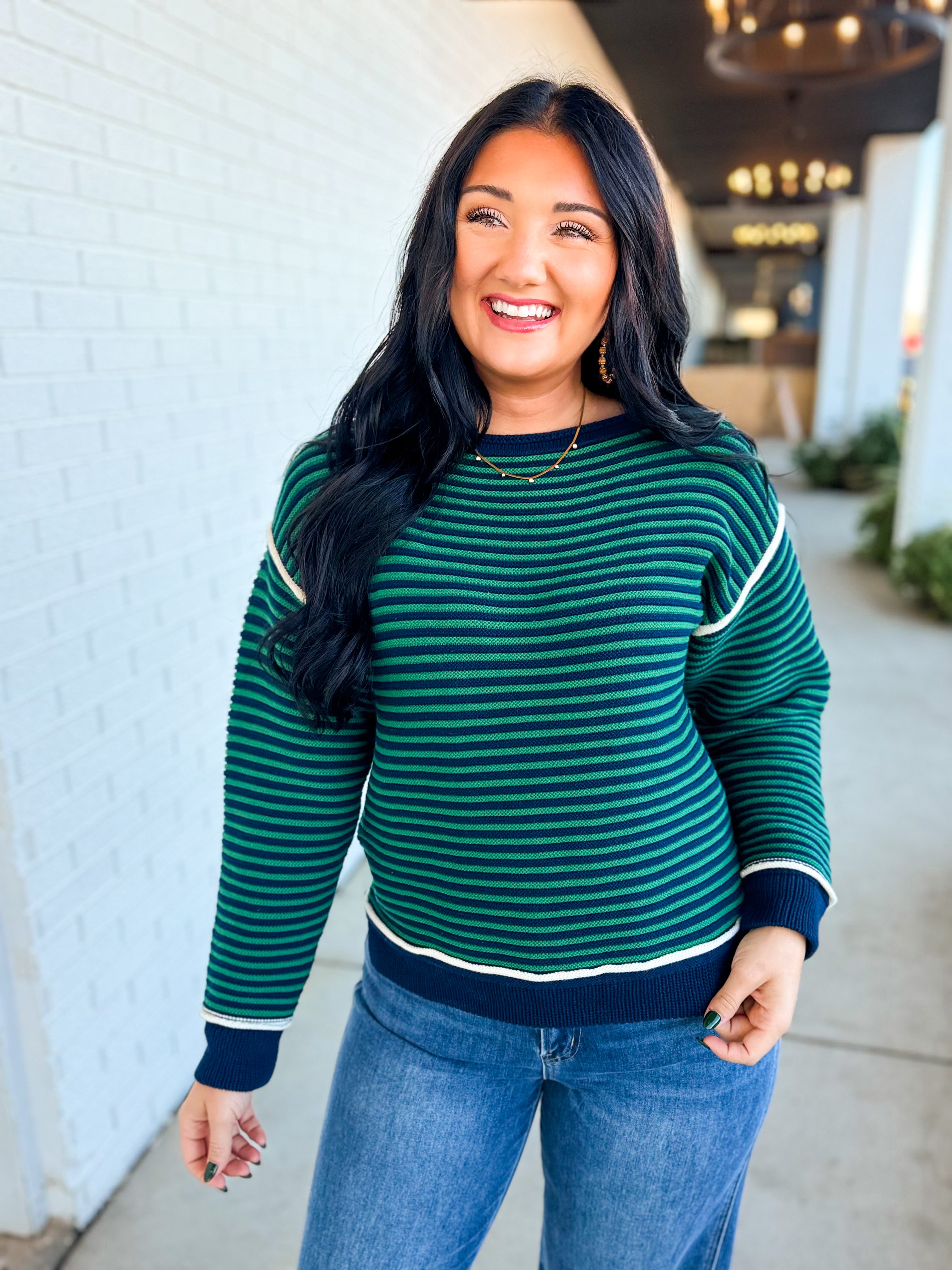 Striped Contrast Trim Knit Sweater - Navy/Green - Lace and Grace Boutique