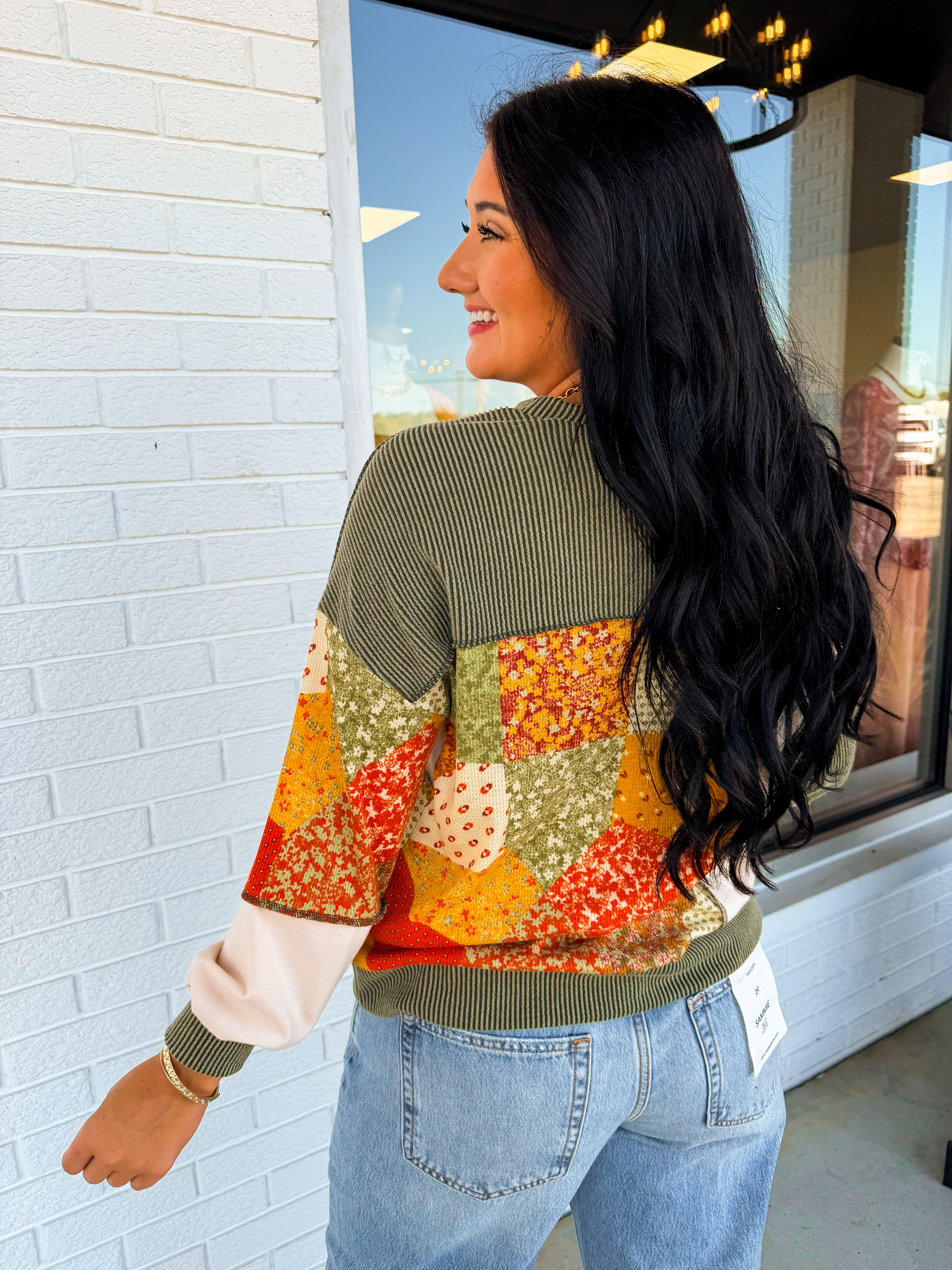 Bubble Sleeve Ribbed Patchwork Knit Top - Olive - Lace and Grace Boutique