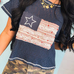 POL American Flag Patch Contrast Stitch Top - Navy - Lace and Grace Boutique