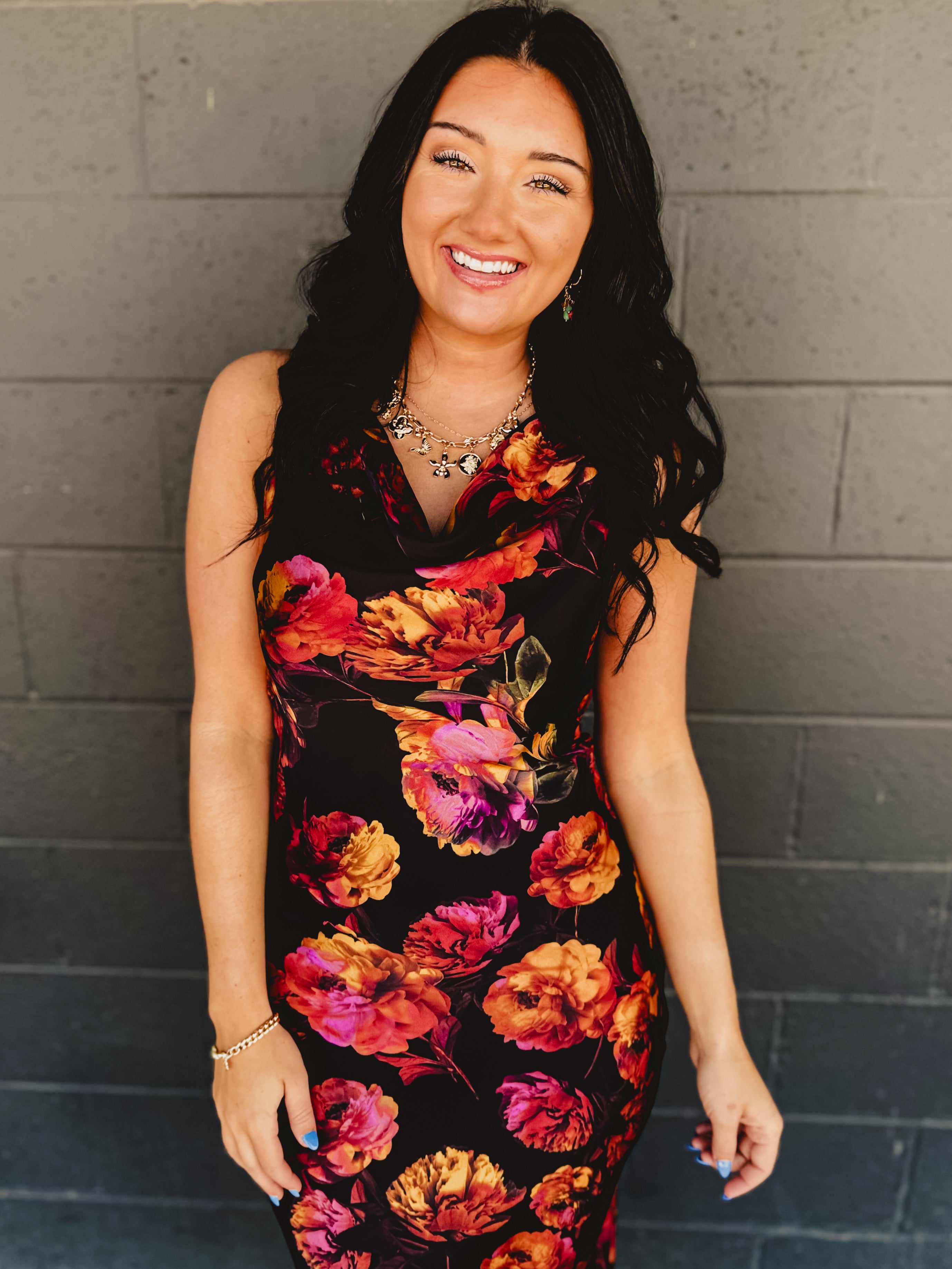 Golden Haze Twisted Strap Maxi Dress - Nightfall Bloom - Lace and Grace Boutique