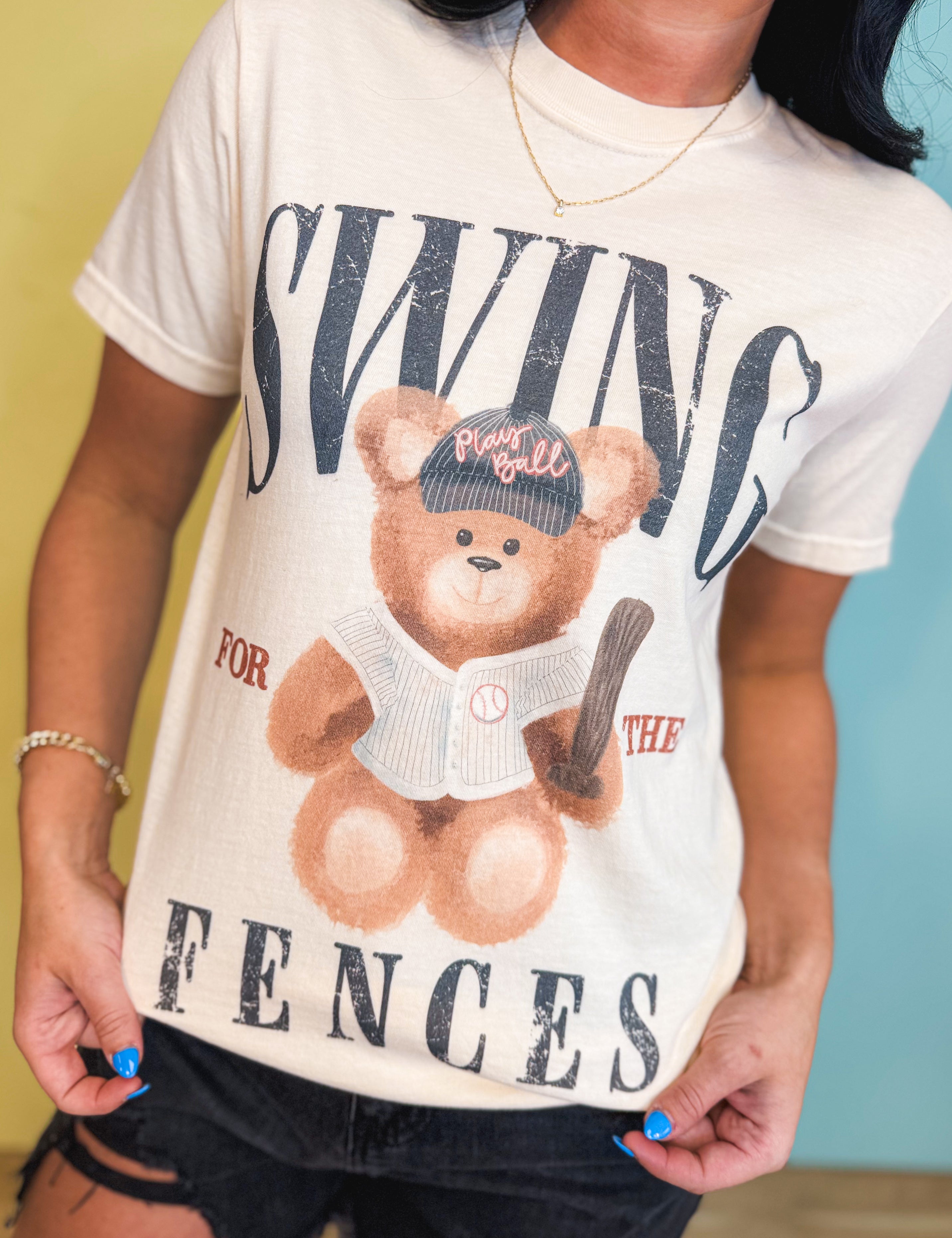 Swing Over Fences Teddy Baseball Graphic Tee - Ivory - Lace and Grace Boutique