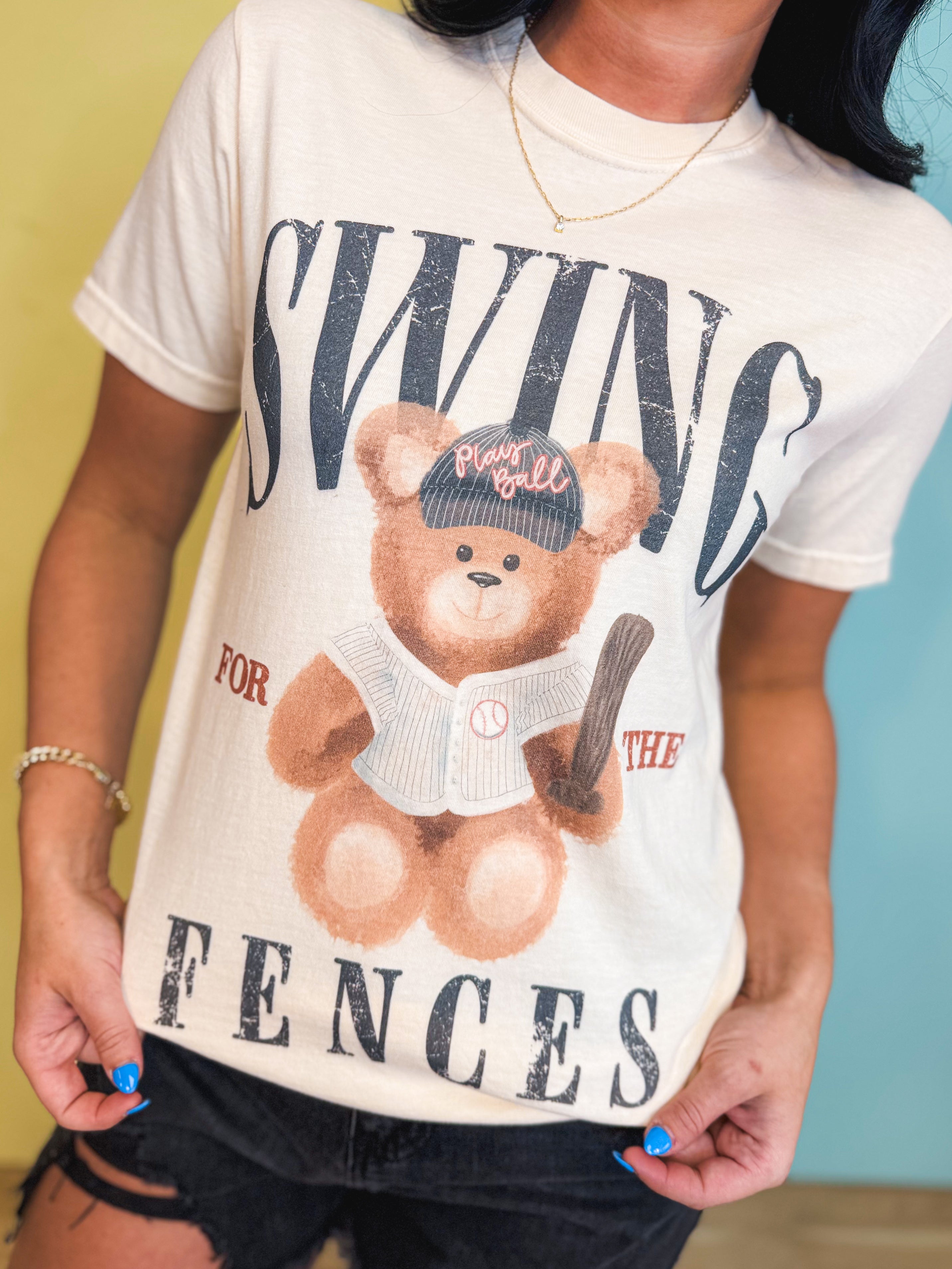 Swing Over Fences Teddy Baseball Graphic Tee - Ivory - Lace and Grace Boutique